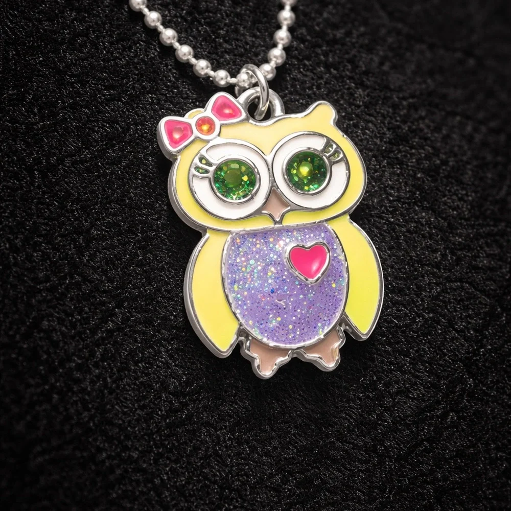 Cute Owl Enamel Pendant Necklace Silver Chain